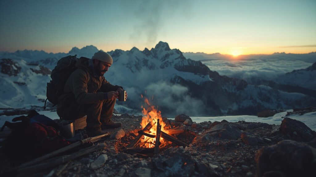 em uma montanha, clima frio, homem treinado em bushcraft, trilha, esta se aquecendo em uma fogueira e preparando seu café olhando para uma vista maravilhosa (1)